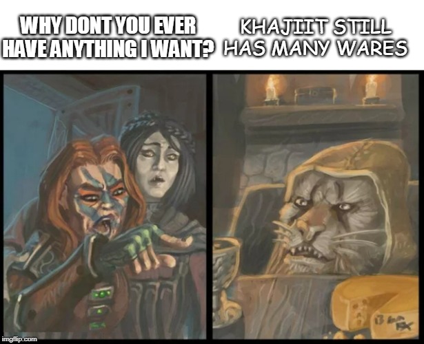KHAJIIT STILL HAS MANY WARES; WHY DONT YOU EVER HAVE ANYTHING I WANT? | image tagged in woman yelling at cat,skyrim,skyrim meme | made w/ Imgflip meme maker