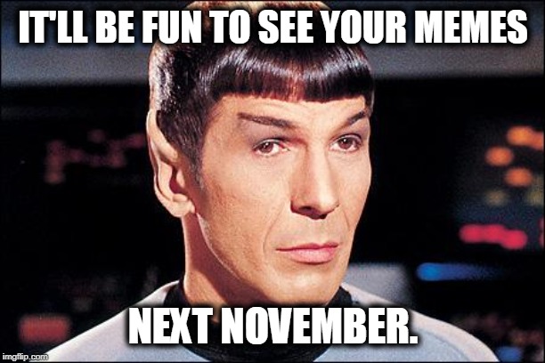Condescending Spock | IT'LL BE FUN TO SEE YOUR MEMES NEXT NOVEMBER. | image tagged in condescending spock | made w/ Imgflip meme maker