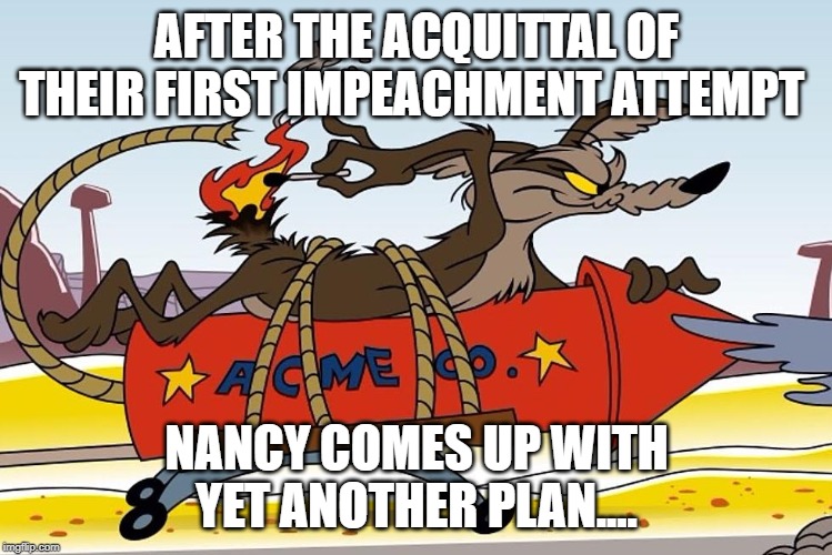 Wylie Pelosi | AFTER THE ACQUITTAL OF THEIR FIRST IMPEACHMENT ATTEMPT; NANCY COMES UP WITH YET ANOTHER PLAN.... | image tagged in wylie pelosi | made w/ Imgflip meme maker