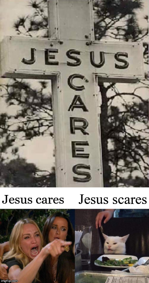 Frightening to me | Jesus scares; Jesus cares | image tagged in memes,woman yelling at cat | made w/ Imgflip meme maker