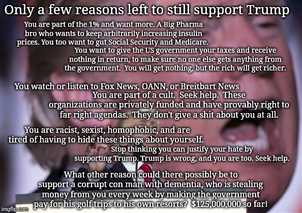 TrumpRNC2016 | Only a few reasons left to still support Trump; You are part of the 1% and want more. A Big Pharma bro who wants to keep arbitrarily increasing insulin prices. You too want to gut Social Security and Medicare. You want to give the US government your taxes and receive nothing in return, to make sure no one else gets anything from the government.  You will get nothing, but the rich will get richer. You watch or listen to Fox News, OANN, or Breitbart News; You are part of a cult.  Seek help.  These organizations are privately funded and have provably right to far right agendas.  They don't give a shit about you at all. You are racist, sexist, homophobic, and are tired of having to hide these things about yourself. Stop thinking you can justify your hate by supporting Trump. Trump is wrong, and you are too. Seek help. What other reason could there possibly be to support a corrupt con man with dementia, who is stealing money from you every week by making the government pay for his golf trips to his own resorts?  $125,000,000 so far! | image tagged in trumprnc2016 | made w/ Imgflip meme maker