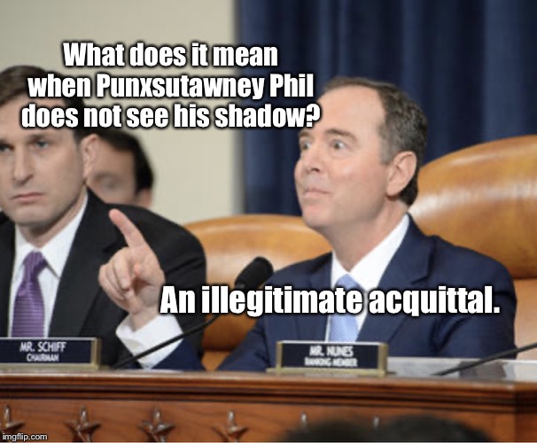 Adam Schiff Explains | What does it mean when Punxsutawney Phil does not see his shadow? An illegitimate acquittal. | image tagged in adam schiff explains,senate trial,punxsutawney phil,donald trump,adam schiff,memes | made w/ Imgflip meme maker