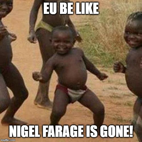 Third World Success Kid Meme | EU BE LIKE; NIGEL FARAGE IS GONE! | image tagged in memes,third world success kid | made w/ Imgflip meme maker