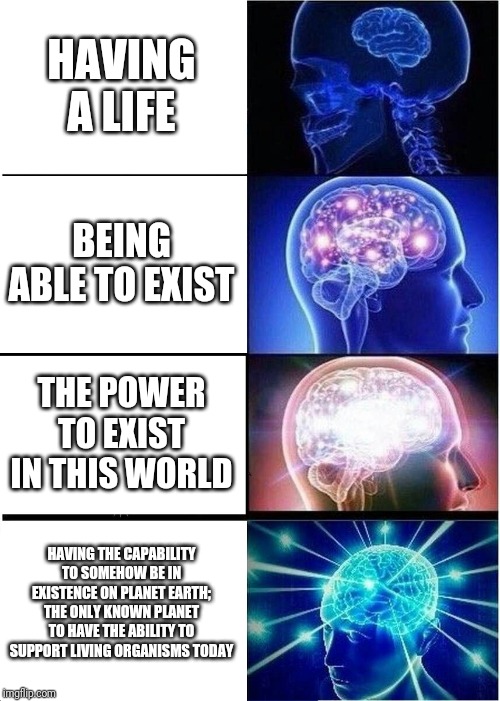 Expanding Brain | HAVING A LIFE; BEING ABLE TO EXIST; THE POWER TO EXIST IN THIS WORLD; HAVING THE CAPABILITY TO SOMEHOW BE IN EXISTENCE ON PLANET EARTH; THE ONLY KNOWN PLANET TO HAVE THE ABILITY TO SUPPORT LIVING ORGANISMS TODAY | image tagged in memes,expanding brain | made w/ Imgflip meme maker