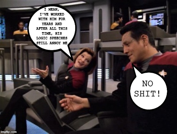 Um, I'm Right Here Captain... | I MEAN, I'VE WORKED WITH HIM FOR YEARS AND AFTER ALL THIS TIME, HIS LOGIC SPEECHES STILL ANNOY ME; NO SHIT! | image tagged in janeway meme bridge | made w/ Imgflip meme maker