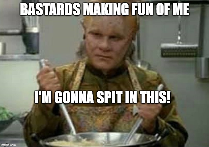 Poor Neelix | BASTARDS MAKING FUN OF ME; I'M GONNA SPIT IN THIS! | image tagged in neelix angry | made w/ Imgflip meme maker
