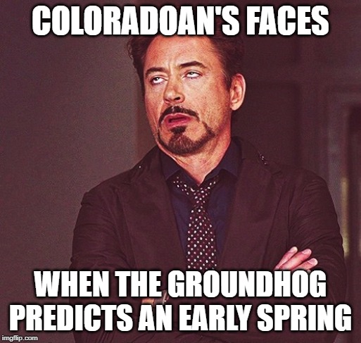 Robert Downey Jr rolling eyes | COLORADOAN'S FACES; WHEN THE GROUNDHOG PREDICTS AN EARLY SPRING | image tagged in robert downey jr rolling eyes | made w/ Imgflip meme maker