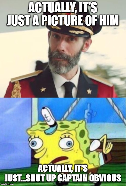 ACTUALLY, IT'S JUST A PICTURE OF HIM ACTUALLY, IT'S JUST...SHUT UP CAPTAIN OBVIOUS | image tagged in captain obvious,memes,mocking spongebob | made w/ Imgflip meme maker