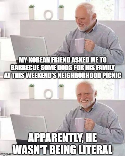 Korean Dogs | MY KOREAN FRIEND ASKED ME TO BARBECUE SOME DOGS FOR HIS FAMILY AT THIS WEEKEND'S NEIGHBORHOOD PICNIC; APPARENTLY, HE WASN'T BEING LITERAL | image tagged in memes,hide the pain harold | made w/ Imgflip meme maker