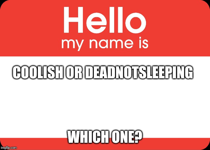 Hello My Name Is | COOLISH OR DEADNOTSLEEPING; WHICH ONE? | image tagged in hello my name is | made w/ Imgflip meme maker