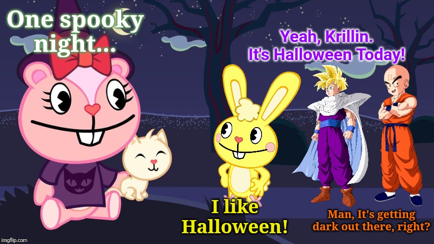 Spooky Night (HTF Crossover) | One spooky night... Yeah, Krillin. It's Halloween Today! I like Halloween! Man, It's getting dark out there, right? | image tagged in happy tree friends,animation,cartoon,dragon ball z,anime,halloween | made w/ Imgflip meme maker