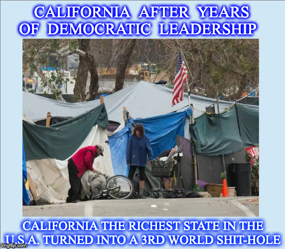 California | CALIFORNIA  AFTER  YEARS OF  DEMOCRATIC  LEADERSHIP; CALIFORNIA THE RICHEST STATE IN THE U.S.A. TURNED INTO A 3RD WORLD SHIT-HOLE | image tagged in nwo,democratic socialism,democratic party,socialism | made w/ Imgflip meme maker