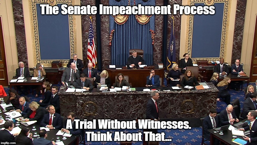 "The Senate Impeahment Trial: Think About This..." | The Senate Impeachment Process; A Trial Without Witnesses.
Think About That... | image tagged in senate impeachment trial,no witnesses,no documents,travesty,cover up,non disclosure | made w/ Imgflip meme maker