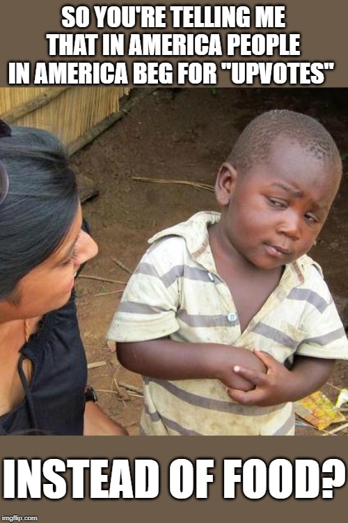 Third World Skeptical Kid | SO YOU'RE TELLING ME THAT IN AMERICA PEOPLE IN AMERICA BEG FOR "UPVOTES"; INSTEAD OF FOOD? | image tagged in memes,third world skeptical kid | made w/ Imgflip meme maker