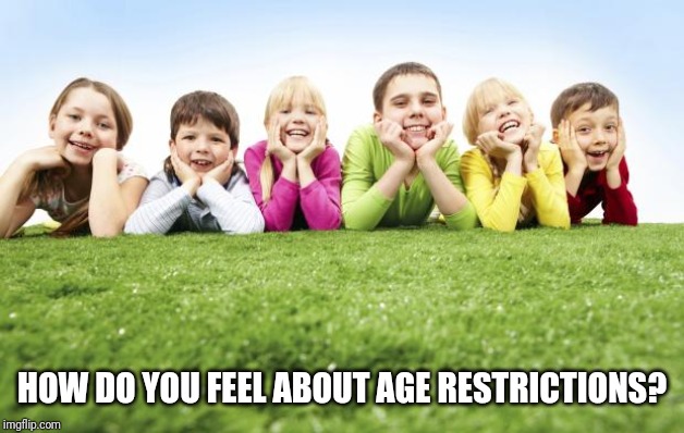 Children Playing | HOW DO YOU FEEL ABOUT AGE RESTRICTIONS? | image tagged in children playing | made w/ Imgflip meme maker