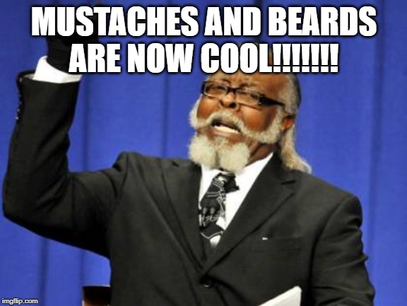 Too Damn High | MUSTACHES AND BEARDS ARE NOW COOL!!!!!!! | image tagged in memes,too damn high | made w/ Imgflip meme maker