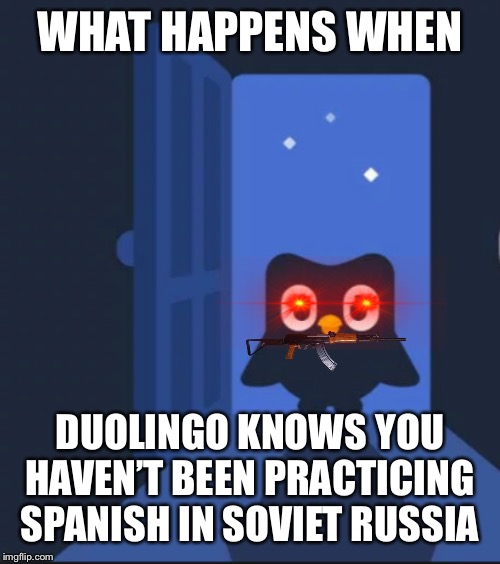 Duolingo bird | WHAT HAPPENS WHEN; DUOLINGO KNOWS YOU HAVEN’T BEEN PRACTICING SPANISH IN SOVIET RUSSIA | image tagged in duolingo bird | made w/ Imgflip meme maker