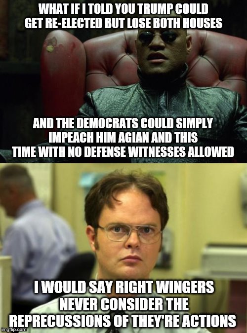 WHAT IF I TOLD YOU TRUMP COULD GET RE-ELECTED BUT LOSE BOTH HOUSES; AND THE DEMOCRATS COULD SIMPLY IMPEACH HIM AGIAN AND THIS TIME WITH NO DEFENSE WITNESSES ALLOWED; I WOULD SAY RIGHT WINGERS NEVER CONSIDER THE REPRECUSSIONS OF THEY'RE ACTIONS | image tagged in memes,dwight schrute,matrix morpheus | made w/ Imgflip meme maker