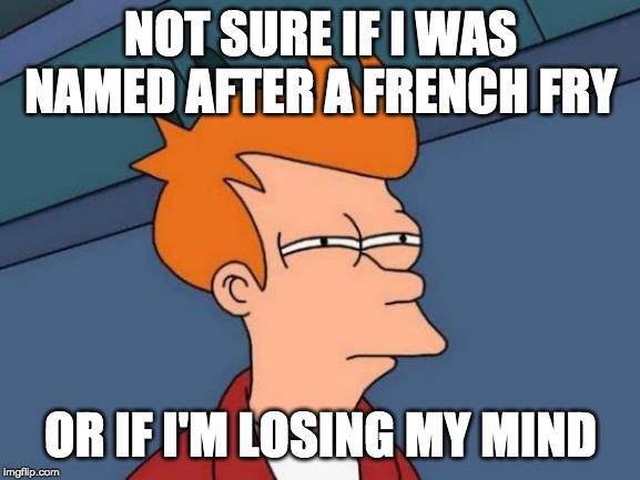 Futurama Fry | NOT SURE IF I WAS NAMED AFTER A FRENCH FRY; OR IF I'M LOSING MY MIND | image tagged in memes,futurama fry | made w/ Imgflip meme maker