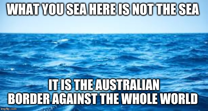 true | WHAT YOU SEA HERE IS NOT THE SEA; IT IS THE AUSTRALIAN BORDER AGAINST THE WHOLE WORLD | image tagged in aussie | made w/ Imgflip meme maker