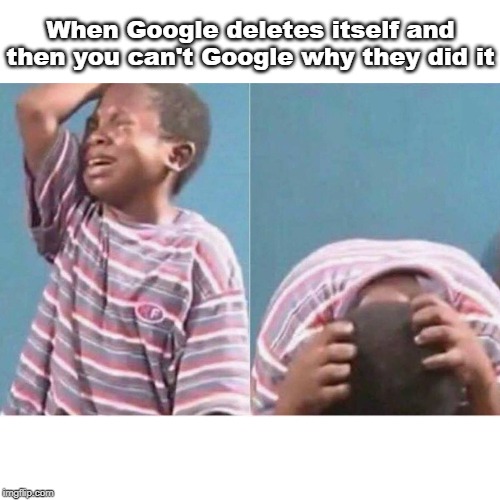 Crying kid | When Google deletes itself and then you can't Google why they did it | image tagged in crying kid | made w/ Imgflip meme maker