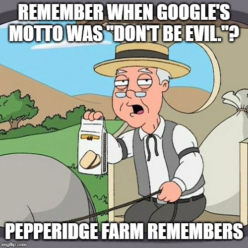 Pepperidge Farm Remembers Meme | REMEMBER WHEN GOOGLE'S MOTTO WAS "DON'T BE EVIL."? PEPPERIDGE FARM REMEMBERS | image tagged in memes,pepperidge farm remembers | made w/ Imgflip meme maker