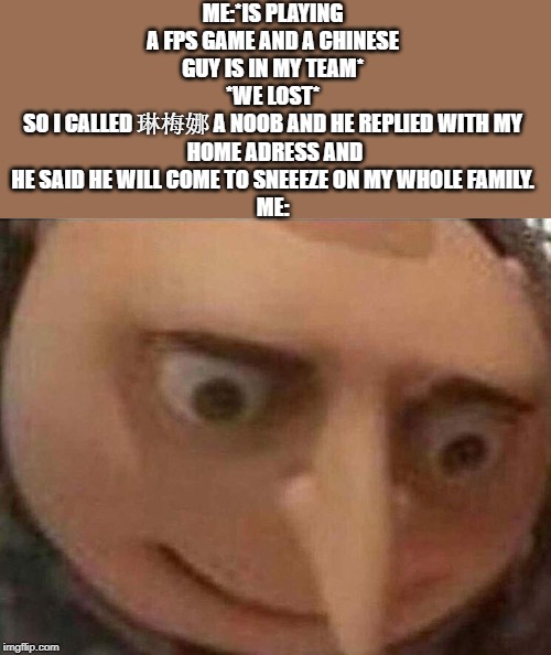 gru meme | ME:*IS PLAYING A FPS GAME AND A CHINESE GUY IS IN MY TEAM*
*WE LOST*
SO I CALLED 琳梅娜 A NOOB AND HE REPLIED WITH MY
 HOME ADRESS AND HE SAID HE WILL COME TO SNEEEZE ON MY WHOLE FAMILY.
ME: | image tagged in gru meme | made w/ Imgflip meme maker