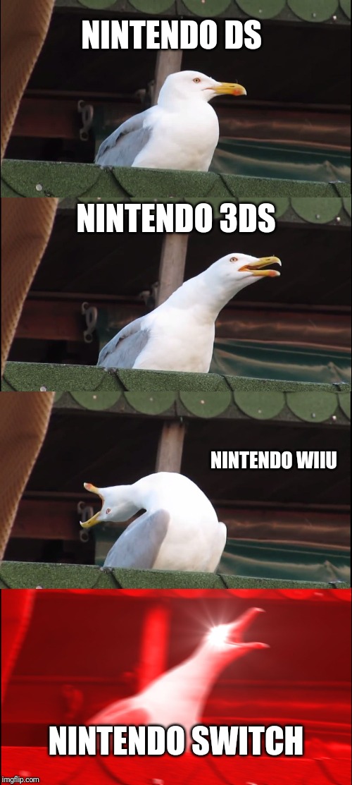 Inhaling Seagull Meme | NINTENDO DS; NINTENDO 3DS; NINTENDO WIIU; NINTENDO SWITCH | image tagged in memes,inhaling seagull | made w/ Imgflip meme maker