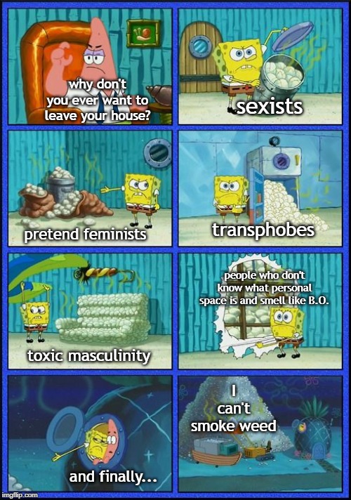 Spongebob HMMM Meme | why don't you ever want to leave your house? sexists; pretend feminists; transphobes; people who don't know what personal space is and smell like B.O. toxic masculinity; I can't smoke weed; and finally... | image tagged in spongebob hmmm meme | made w/ Imgflip meme maker