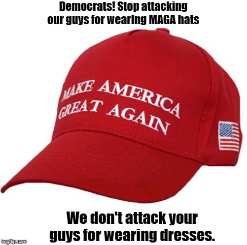 MAGA HAT | Democrats! Stop attacking our guys for wearing MAGA hats; We don't attack your guys for wearing dresses. | image tagged in maga hat | made w/ Imgflip meme maker