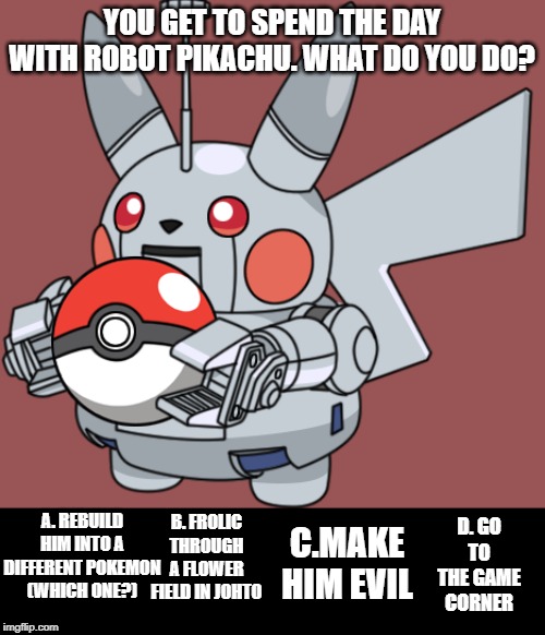 Pokemon: You Choose! Vol.9 | YOU GET TO SPEND THE DAY WITH ROBOT PIKACHU. WHAT DO YOU DO? A. REBUILD HIM INTO A DIFFERENT POKEMON (WHICH ONE?); C.MAKE HIM EVIL; D. GO TO THE GAME CORNER; B. FROLIC THROUGH A FLOWER FIELD IN JOHTO | image tagged in pokemon | made w/ Imgflip meme maker