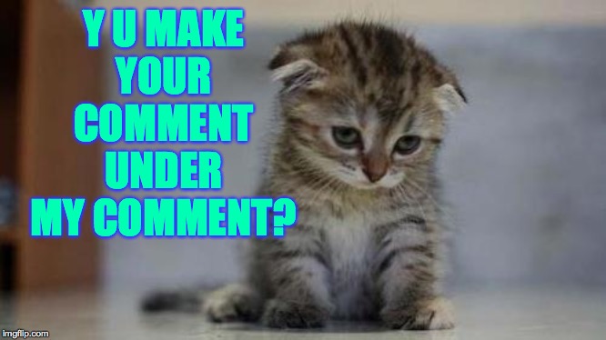 Sad kitten | Y U MAKE
YOUR
COMMENT
UNDER
MY COMMENT? | image tagged in sad kitten | made w/ Imgflip meme maker