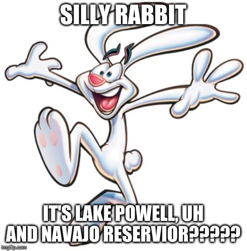 Trix Rabbit | SILLY RABBIT IT'S LAKE POWELL, UH AND NAVAJO RESERVOIR????? | image tagged in trix rabbit | made w/ Imgflip meme maker