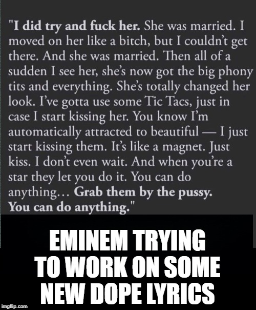 He Didn't Say This, But....... | EMINEM TRYING TO WORK ON SOME NEW DOPE LYRICS | image tagged in eminem,trump | made w/ Imgflip meme maker