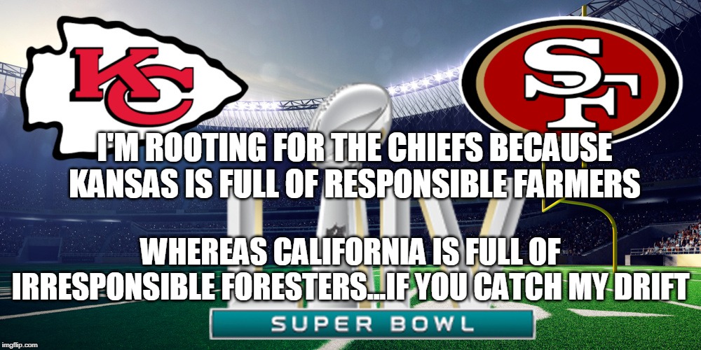 Which state deserves to have their team win? | I'M ROOTING FOR THE CHIEFS BECAUSE KANSAS IS FULL OF RESPONSIBLE FARMERS; WHEREAS CALIFORNIA IS FULL OF IRRESPONSIBLE FORESTERS...IF YOU CATCH MY DRIFT | image tagged in super bowl,super bowl liv,san francisco 49ers,kansas city chiefs,california,kansas | made w/ Imgflip meme maker