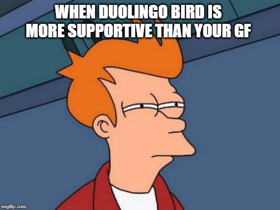 Futurama Fry | WHEN DUOLINGO BIRD IS MORE SUPPORTIVE THAN YOUR GF | image tagged in memes,futurama fry | made w/ Imgflip meme maker