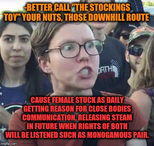 Triggered feminist | -BETTER CALL "THE STOCKINGS TOY" YOUR NUTS, THOSE DOWNHILL ROUTE CAUSE FEMALE STUCK AS DAILY GETTING REASON FOR CLOSE BODIES COMMUNICATION,  | image tagged in triggered feminist | made w/ Imgflip meme maker