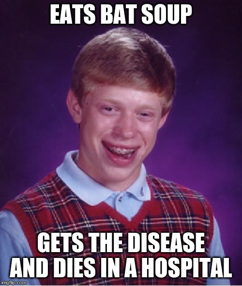 I feel sorry for Brian | EATS BAT SOUP; GETS THE DISEASE AND DIES IN A HOSPITAL | image tagged in memes,bad luck brian,bats,soup,dead,hospital | made w/ Imgflip meme maker