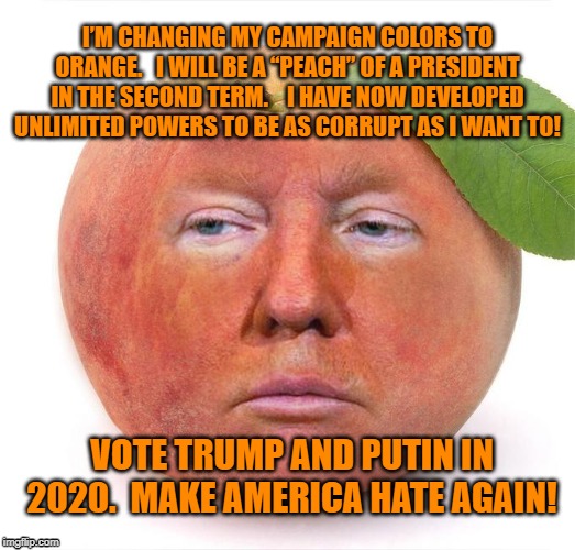 The Great "Im"Peach | I’M CHANGING MY CAMPAIGN COLORS TO ORANGE.   I WILL BE A “PEACH” OF A PRESIDENT IN THE SECOND TERM.    I HAVE NOW DEVELOPED UNLIMITED POWERS TO BE AS CORRUPT AS I WANT TO! VOTE TRUMP AND PUTIN IN 2020.  MAKE AMERICA HATE AGAIN! | image tagged in impeach trump,impeachment,trump impeachment,donald trump is an idiot,donald trump approves | made w/ Imgflip meme maker