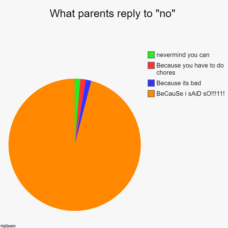 What parents reply to "no" | BeCauSe i sAiD sO!!!11!, Because its bad, Because you have to do chores, nevermind you can | image tagged in charts,pie charts | made w/ Imgflip chart maker