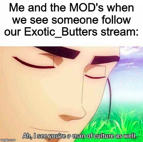 Everyone is welcome! Except butters other than Exotic Butters, of course. But welcome! | Me and the MOD's when we see someone follow our Exotic_Butters stream: | image tagged in ah i see you are a man of culture as well,exotic butters | made w/ Imgflip meme maker