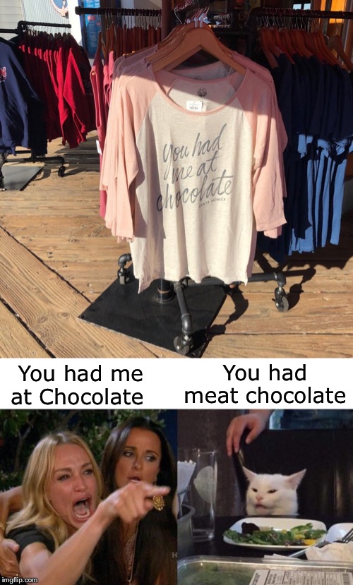 What’s meat chocolate? | You had meat chocolate; You had me at Chocolate | image tagged in memes,woman yelling at cat,meat,chocolate | made w/ Imgflip meme maker