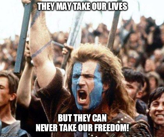 braveheart freedom | THEY MAY TAKE OUR LIVES; BUT THEY CAN NEVER TAKE OUR FREEDOM! | image tagged in braveheart freedom | made w/ Imgflip meme maker