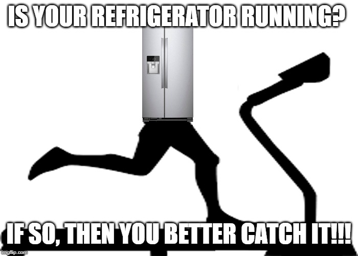Is Your Refrigerator Running? | IS YOUR REFRIGERATOR RUNNING? IF SO, THEN YOU BETTER CATCH IT!!! | image tagged in is your refrigerator running | made w/ Imgflip meme maker