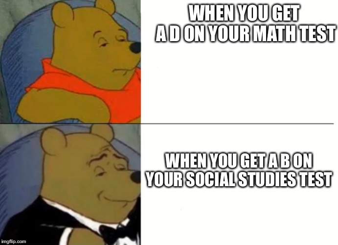 Fancy Winnie The Pooh Meme | WHEN YOU GET 
A D ON YOUR MATH TEST; WHEN YOU GET A B ON YOUR SOCIAL STUDIES TEST | image tagged in fancy winnie the pooh meme | made w/ Imgflip meme maker
