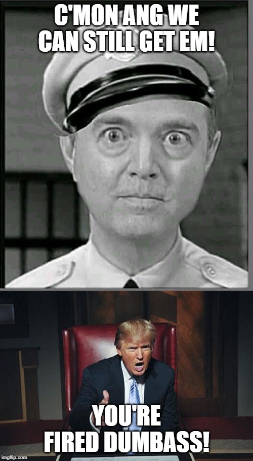 C'MON ANG WE CAN STILL GET EM! YOU'RE FIRED DUMBASS! | image tagged in donald trump you're fired,adam schiff as barney fife | made w/ Imgflip meme maker