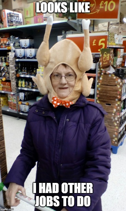 Crazy Lady Turkey Head | LOOKS LIKE I HAD OTHER JOBS TO DO | image tagged in crazy lady turkey head | made w/ Imgflip meme maker