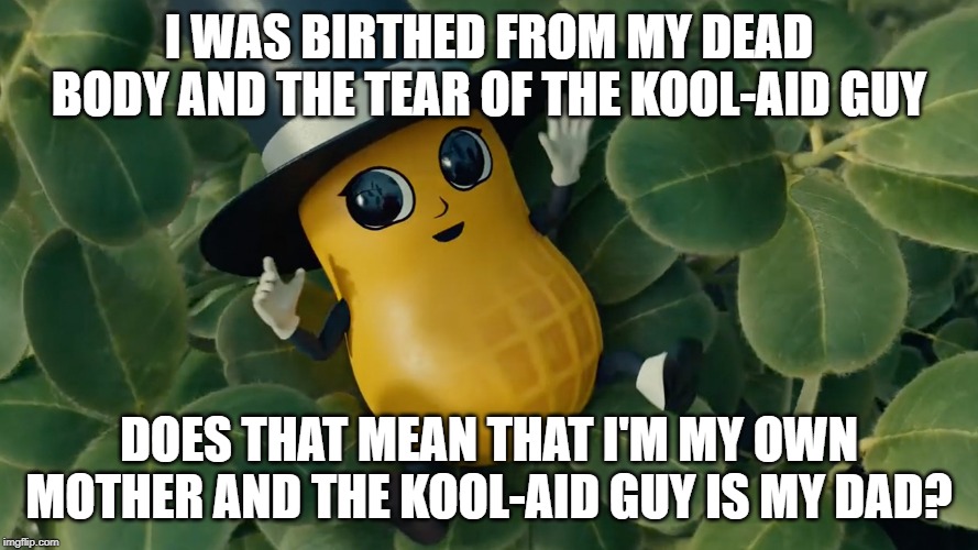 Baby Mr Peanut | I WAS BIRTHED FROM MY DEAD BODY AND THE TEAR OF THE KOOL-AID GUY; DOES THAT MEAN THAT I'M MY OWN MOTHER AND THE KOOL-AID GUY IS MY DAD? | image tagged in baby mr peanut | made w/ Imgflip meme maker