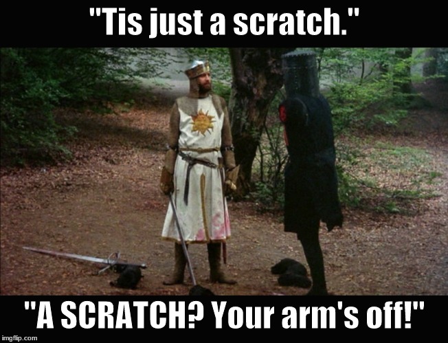 'Tis but a scratch (Monty Python) | "Tis just a scratch."; "A SCRATCH? Your arm's off!" | image tagged in 'tis but a scratch monty python | made w/ Imgflip meme maker
