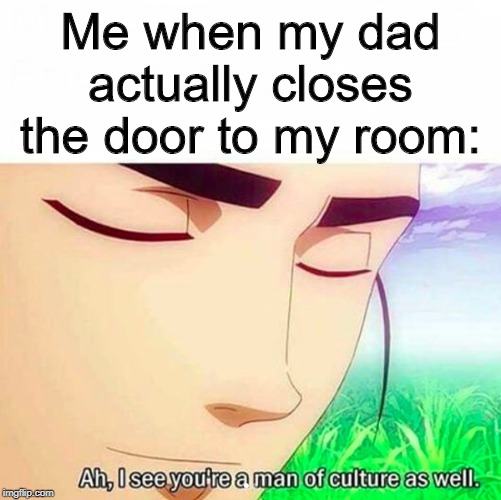 Finally. | Me when my dad actually closes the door to my room: | image tagged in ah i see you are a man of culture as well,door,doors,dad,thanks | made w/ Imgflip meme maker